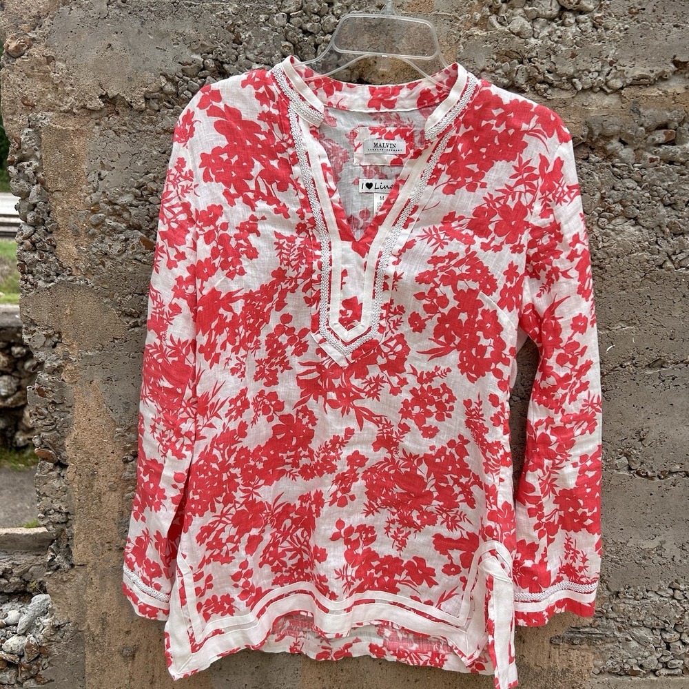 100% Linen Top M 8 Love Salmon Pink Floral Side Zip Tunic Blouse Flax